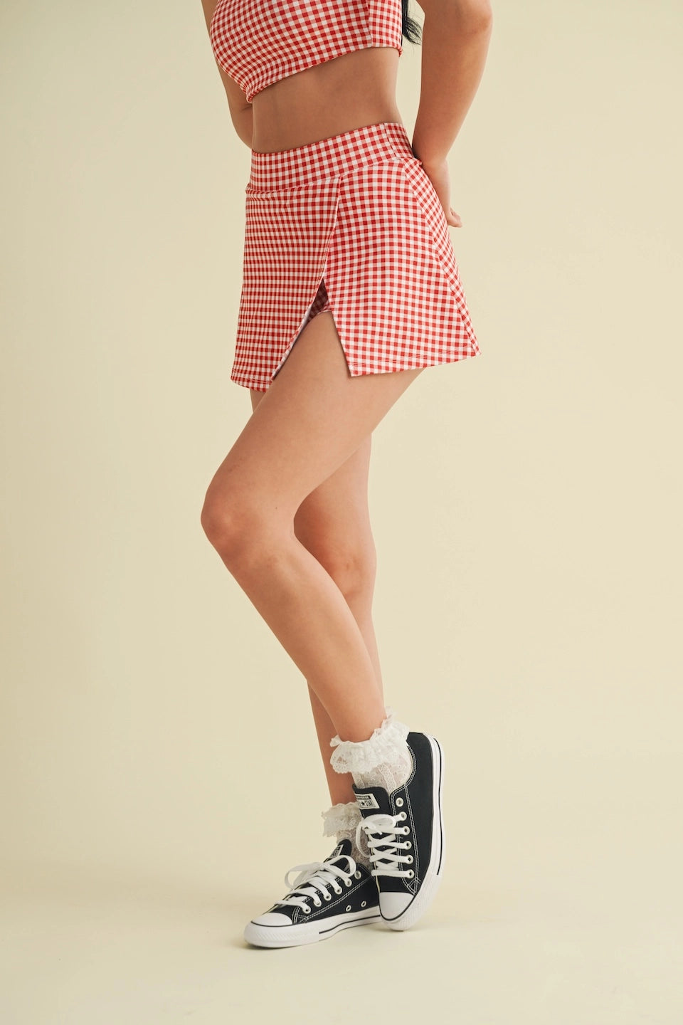 Carly Gingham Print Side Slit Skort