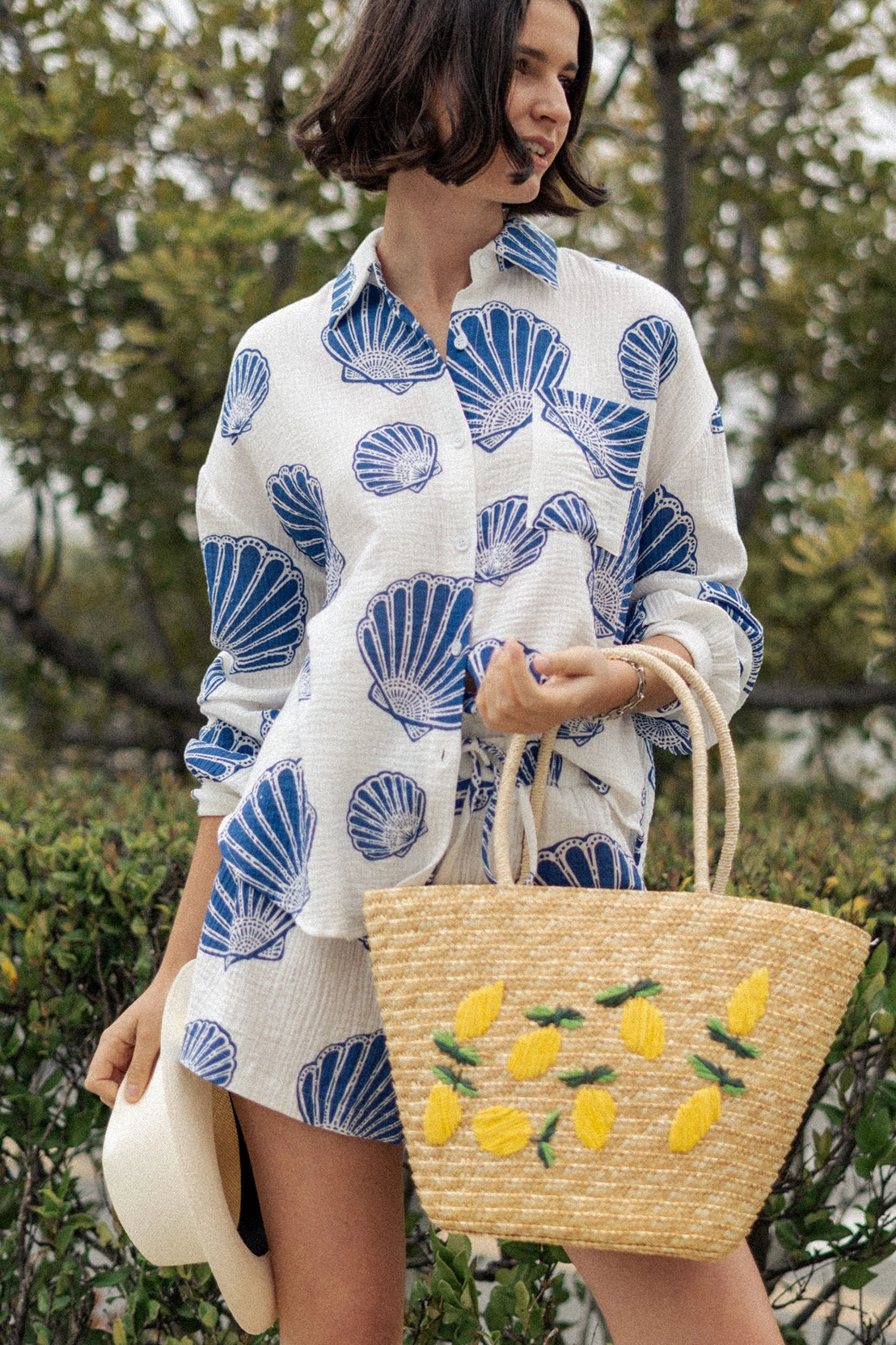Tropical Lemon Embroidered Straw Tote