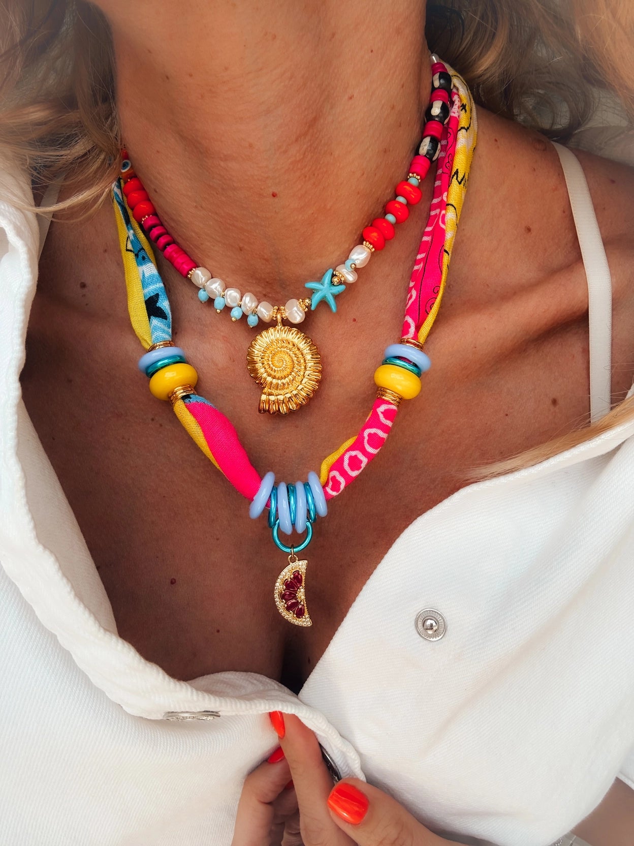 Neon Scarf Necklace & Beaded Shell Necklaces
