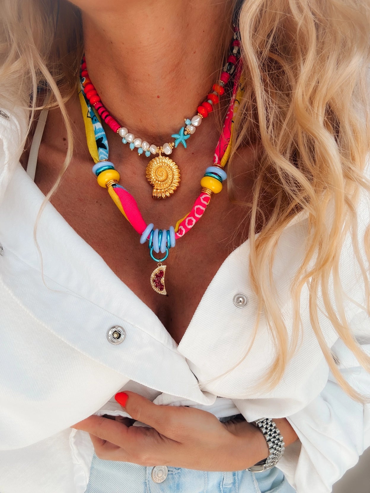 Neon Scarf Necklace & Beaded Shell Necklaces
