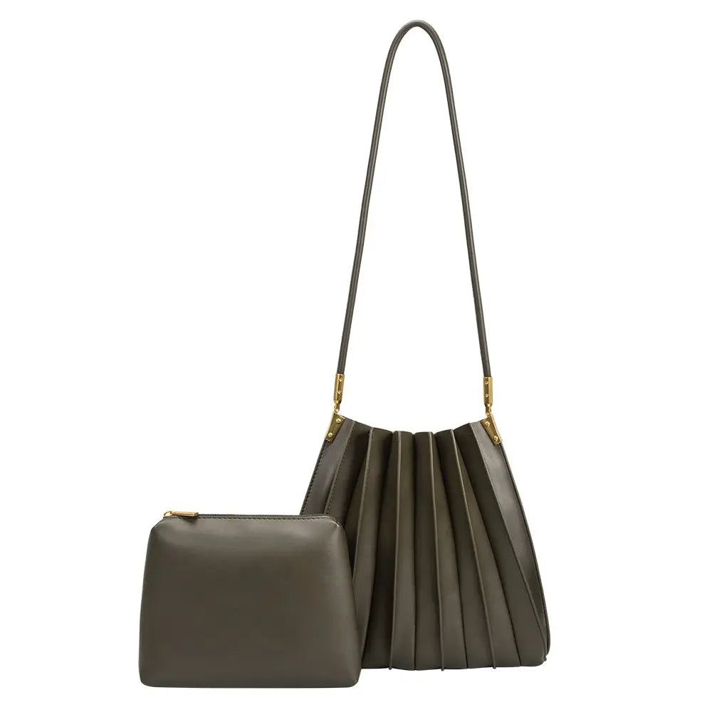 Carrie Pleated Vegan Shoulder Bag - Olive