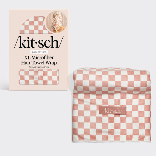 Extra Large Quick-Dry Hair Towel Wrap - Terracotta Checker