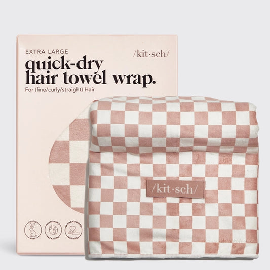 Extra Large Quick-Dry Hair Towel Wrap - Terracotta Checker