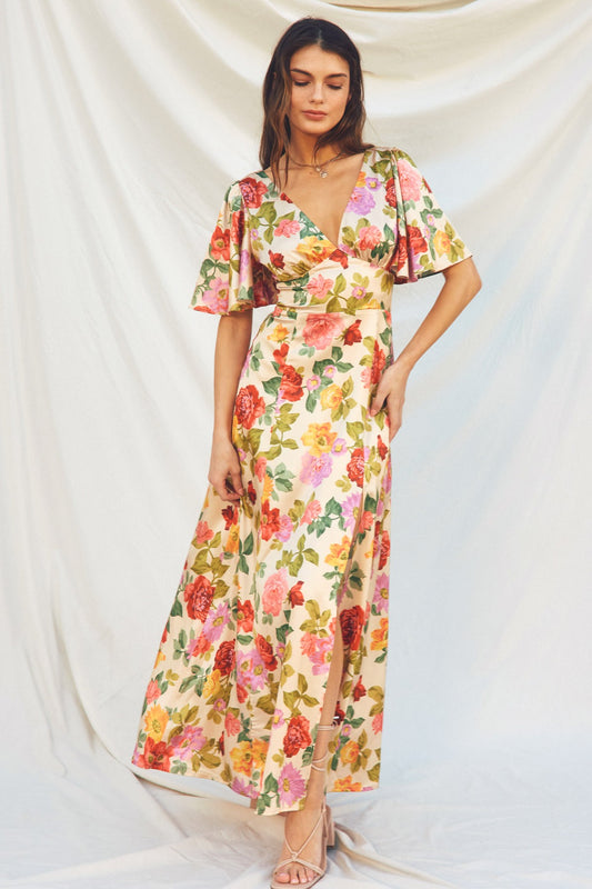 Gift Of Love Flutter Sleeve Plunging Maxi Dress