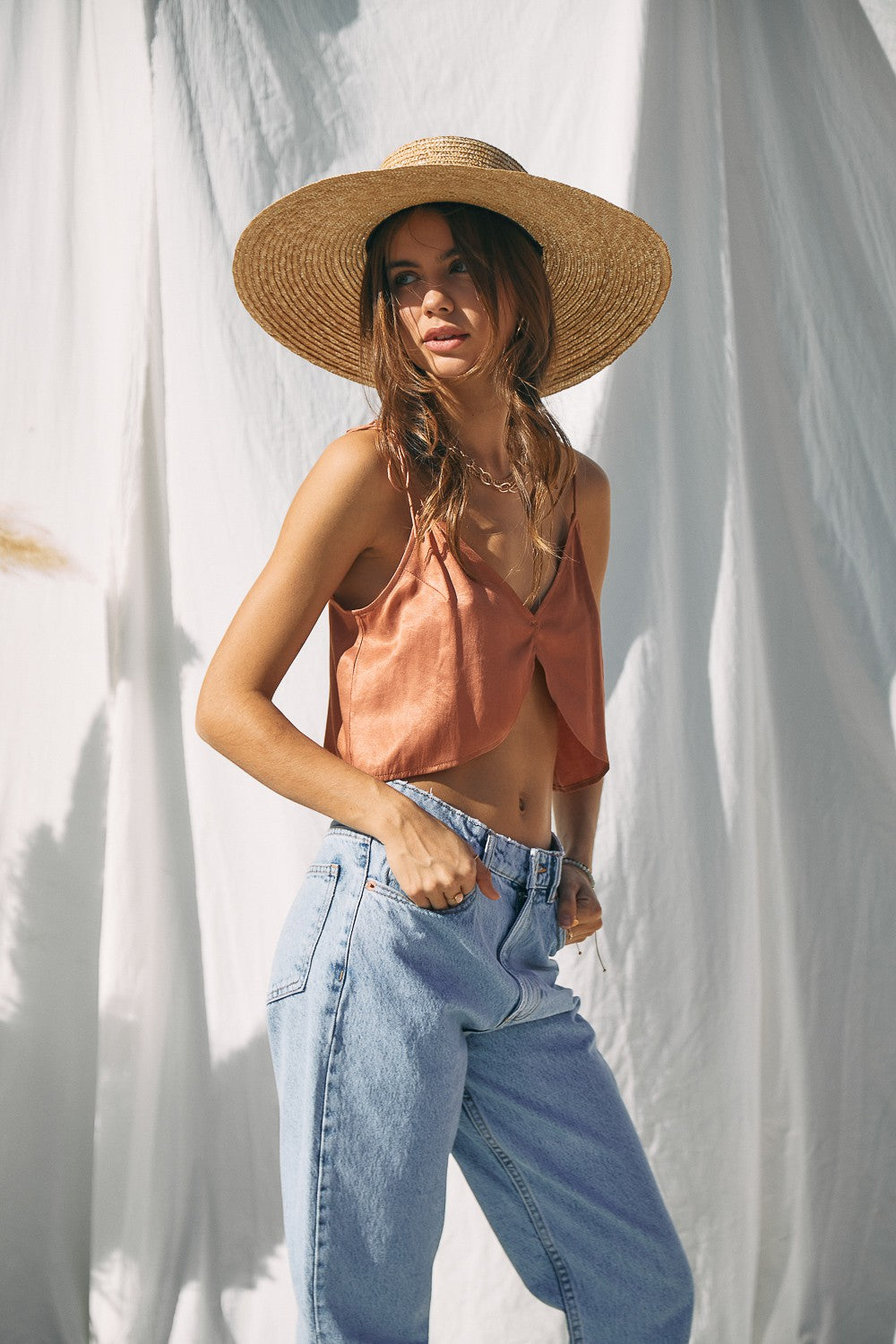 Villanova Satin Tie-strap Scallop Hem Crop Top