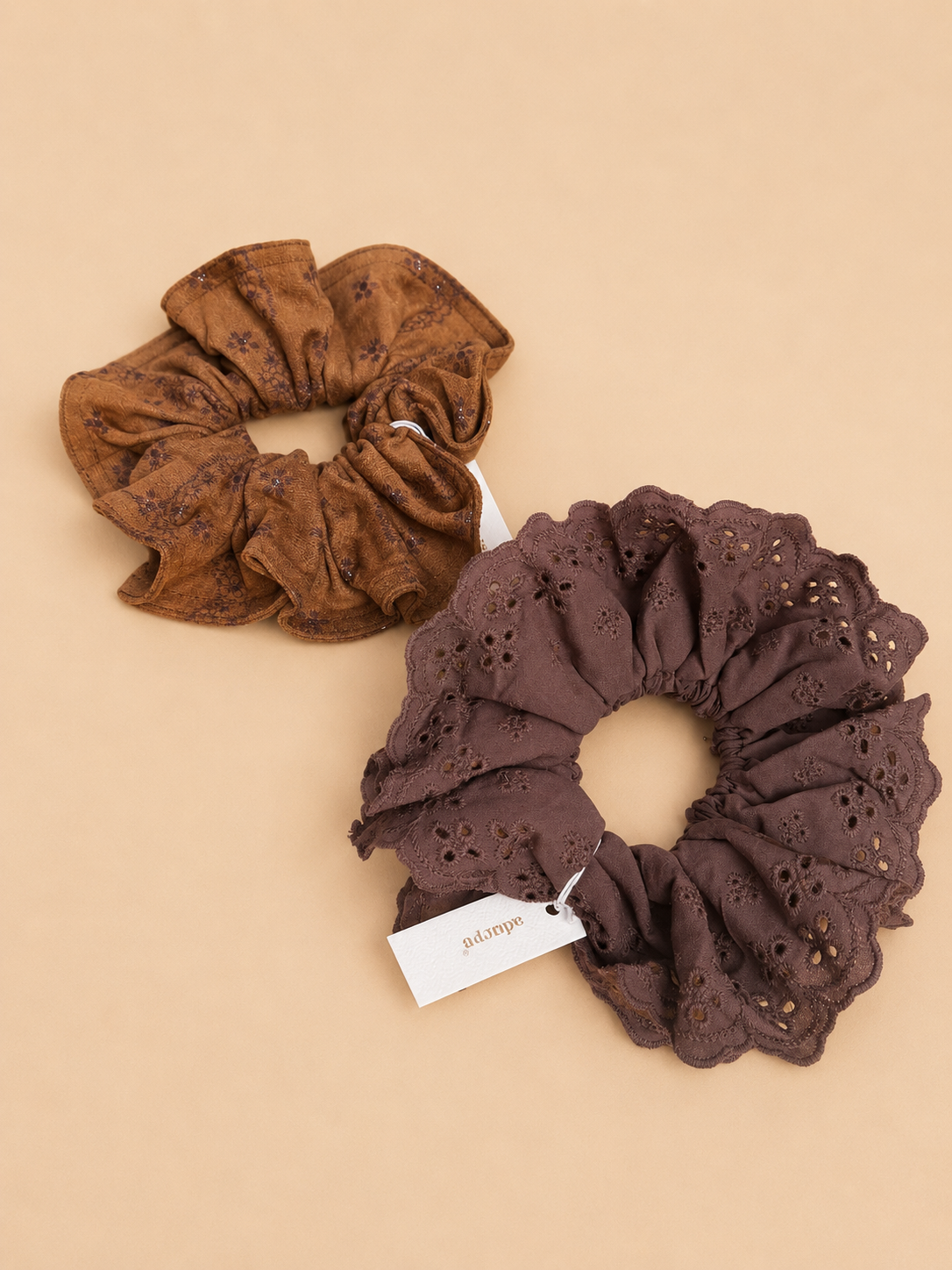 Brown Eyelet and Faux Suede Floral Mega Scrunchies