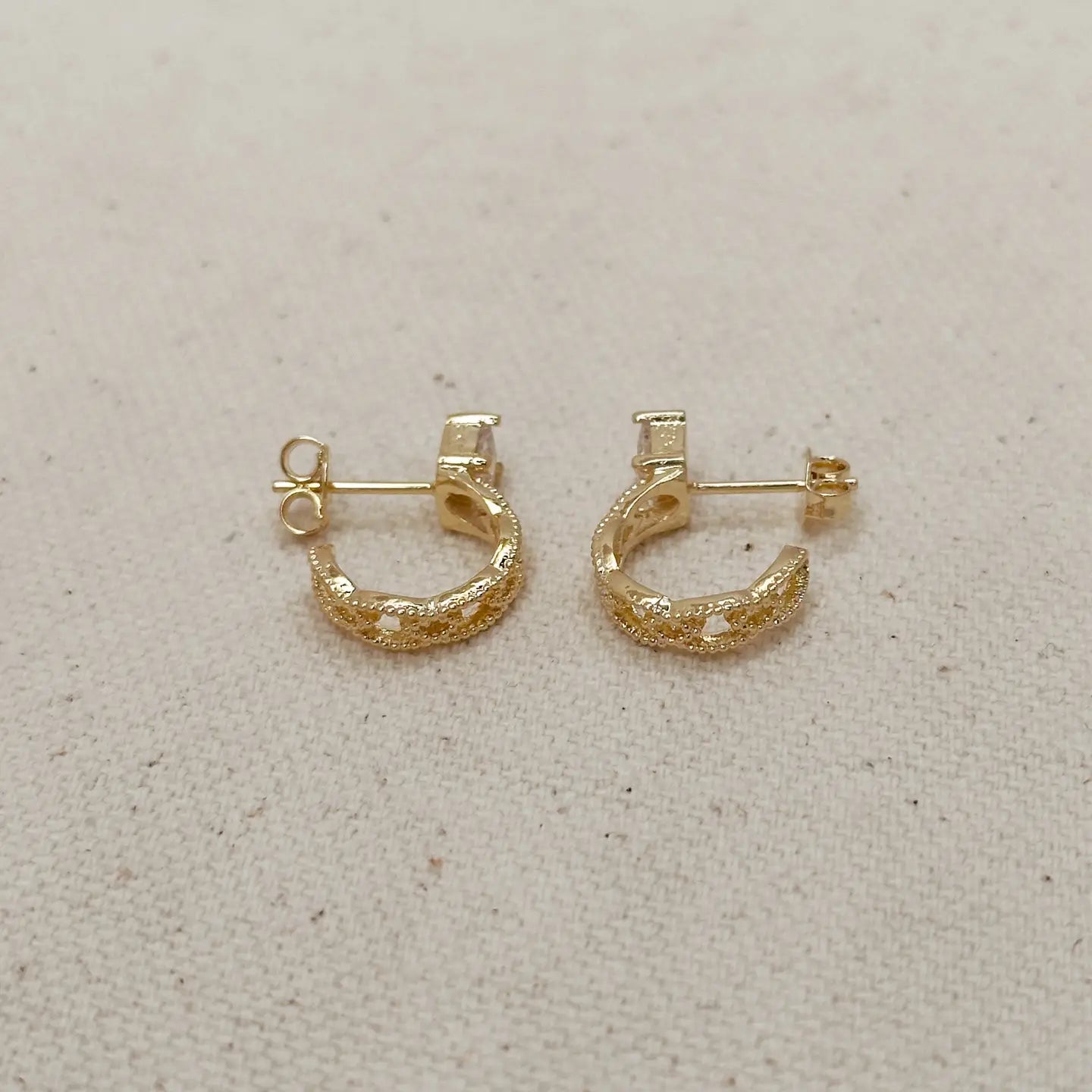 18k Gold Filled Vintage Princess Cut Cz Detailed C Hoop Earrings