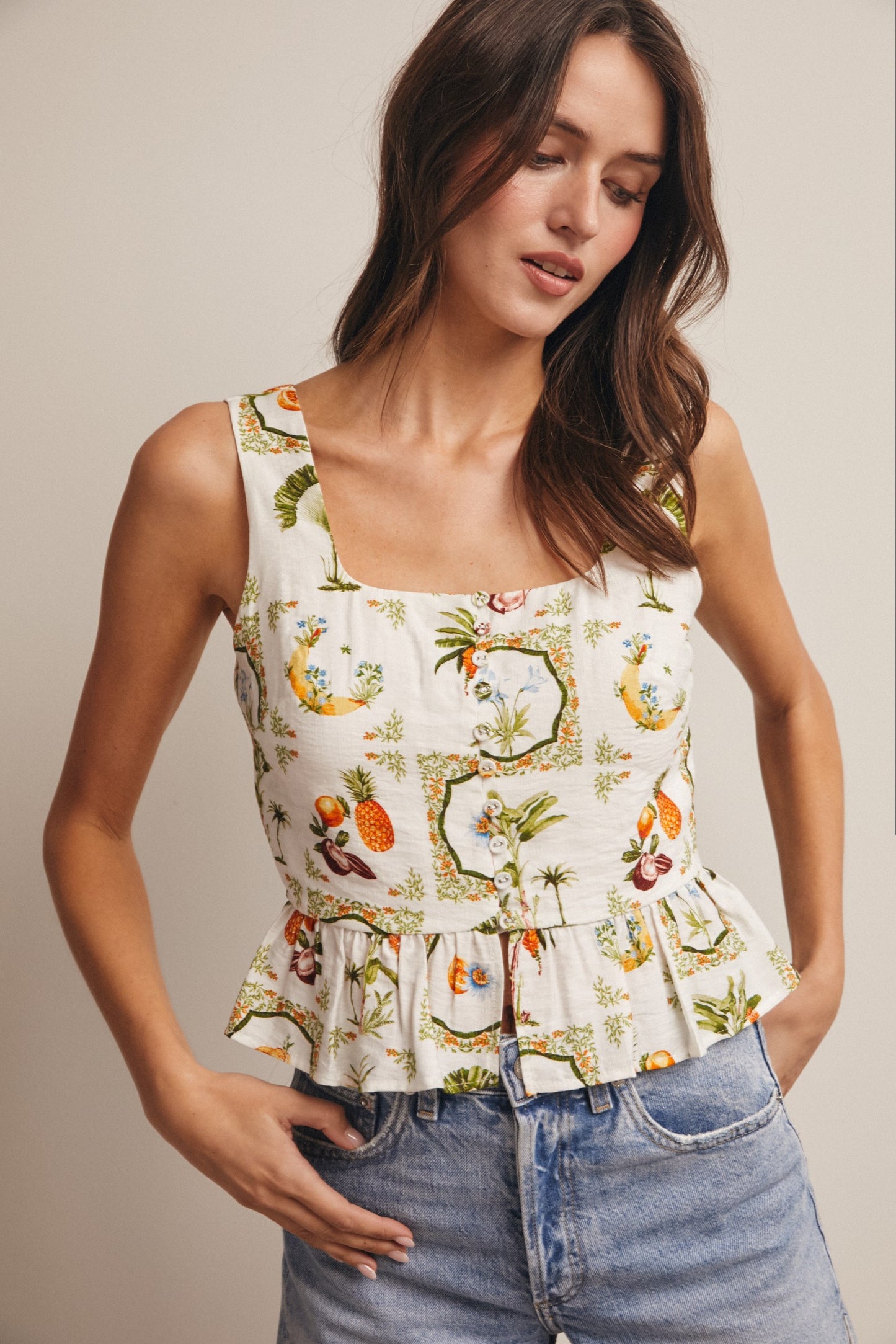 Bailey Tropical Print Lined Peplum Top