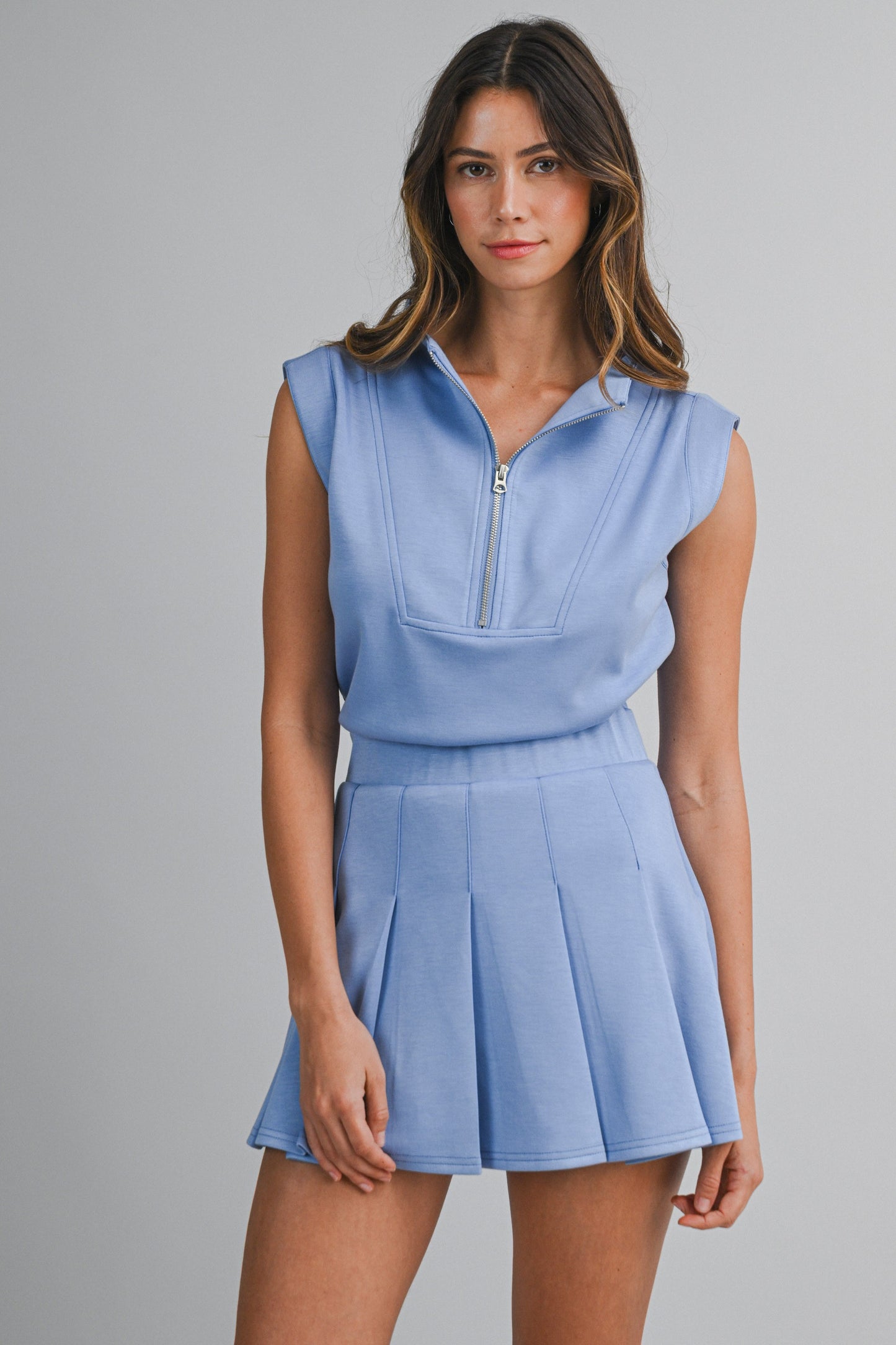 Darla Scuba Mock Neck Pleated Romper