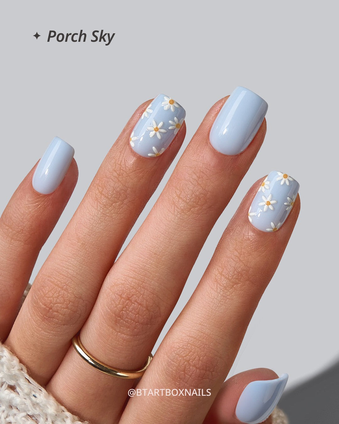 3D Flower Design Blue Squoval Press-On Nails