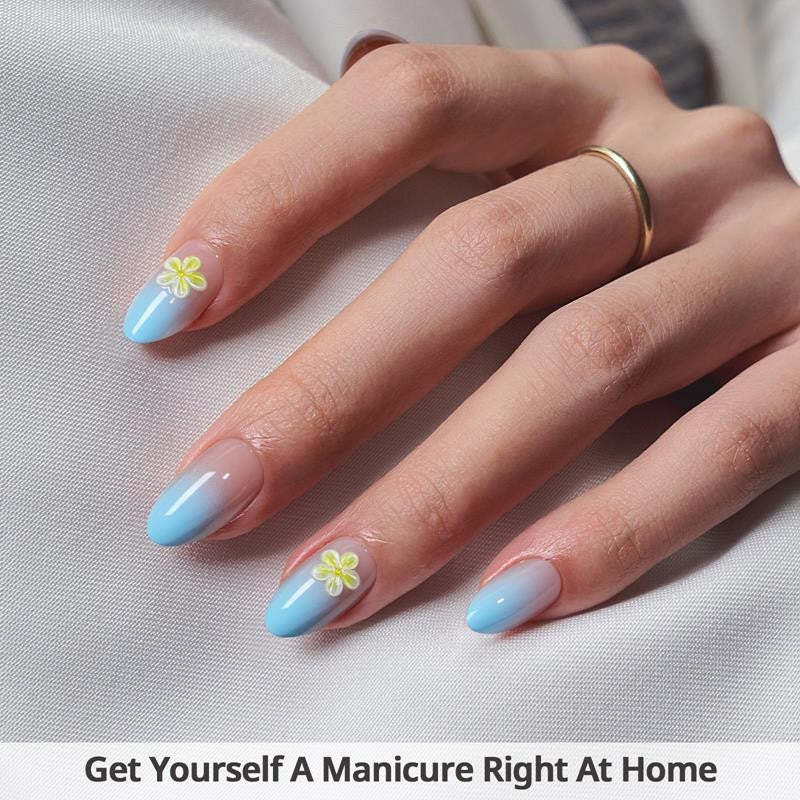 3D Flower Almond Press-On Nails - Soft Gel Blue Ombre