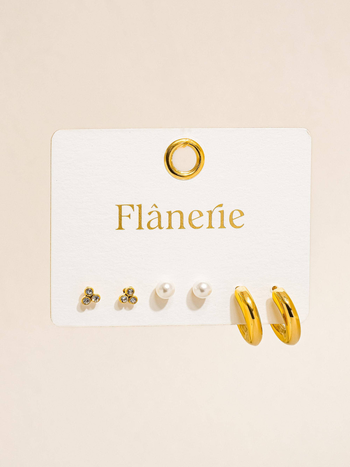 Carine 18K Gold Non-Tarnish Hoops, Pearl, CZ Earring Set