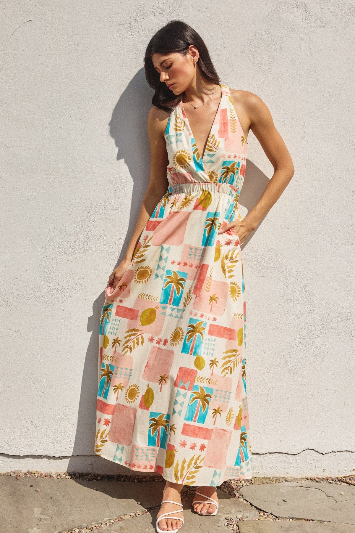 Moroccan Spring Crossed Back Strap Maxi Dress