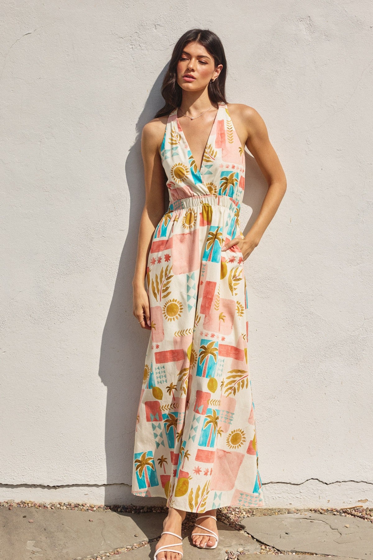 Moroccan Spring Crossed Back Strap Maxi Dress