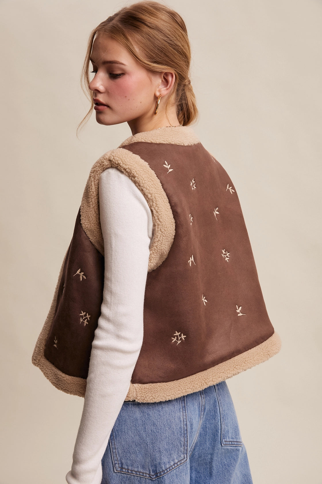Nelson Embroidered Faux Suede Shearling Vest