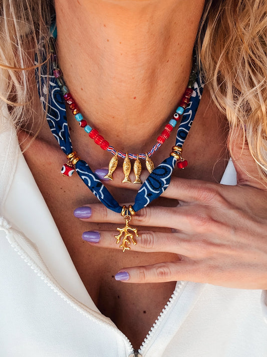 Bohemian Blue Bandana Scarf & Colorful Beaded Fish Necklaces