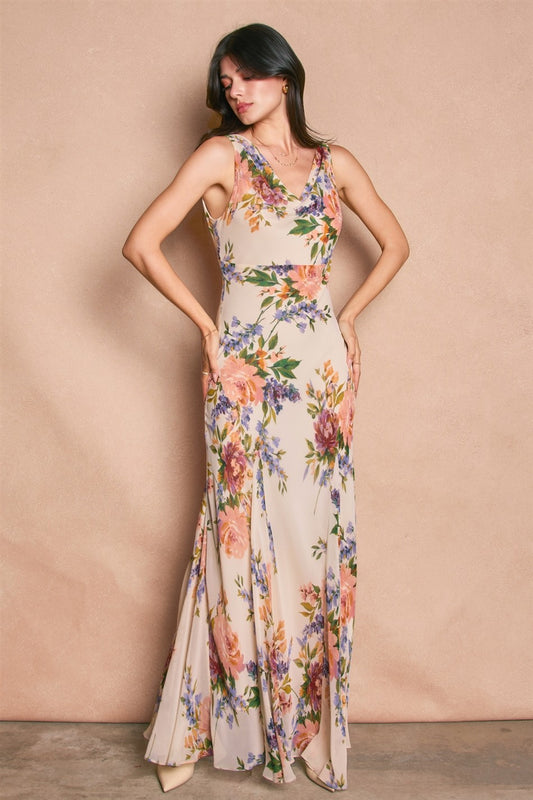 Delicate Affair Cowl Neck Godet Maxi Dress