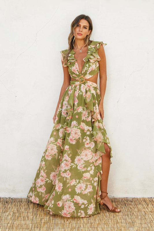 Dream Girl Cutout Frilly Maxi Dress