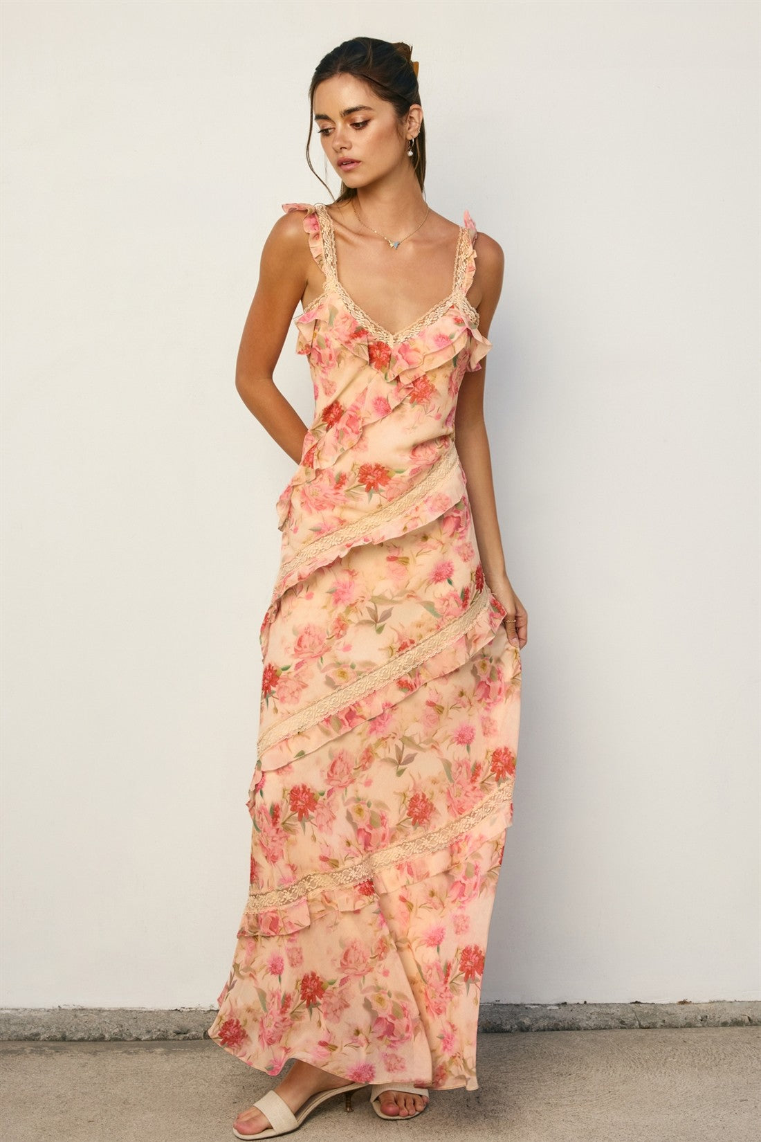 Pastel Promise Diagonal Lace And Ruffles Maxi Dress