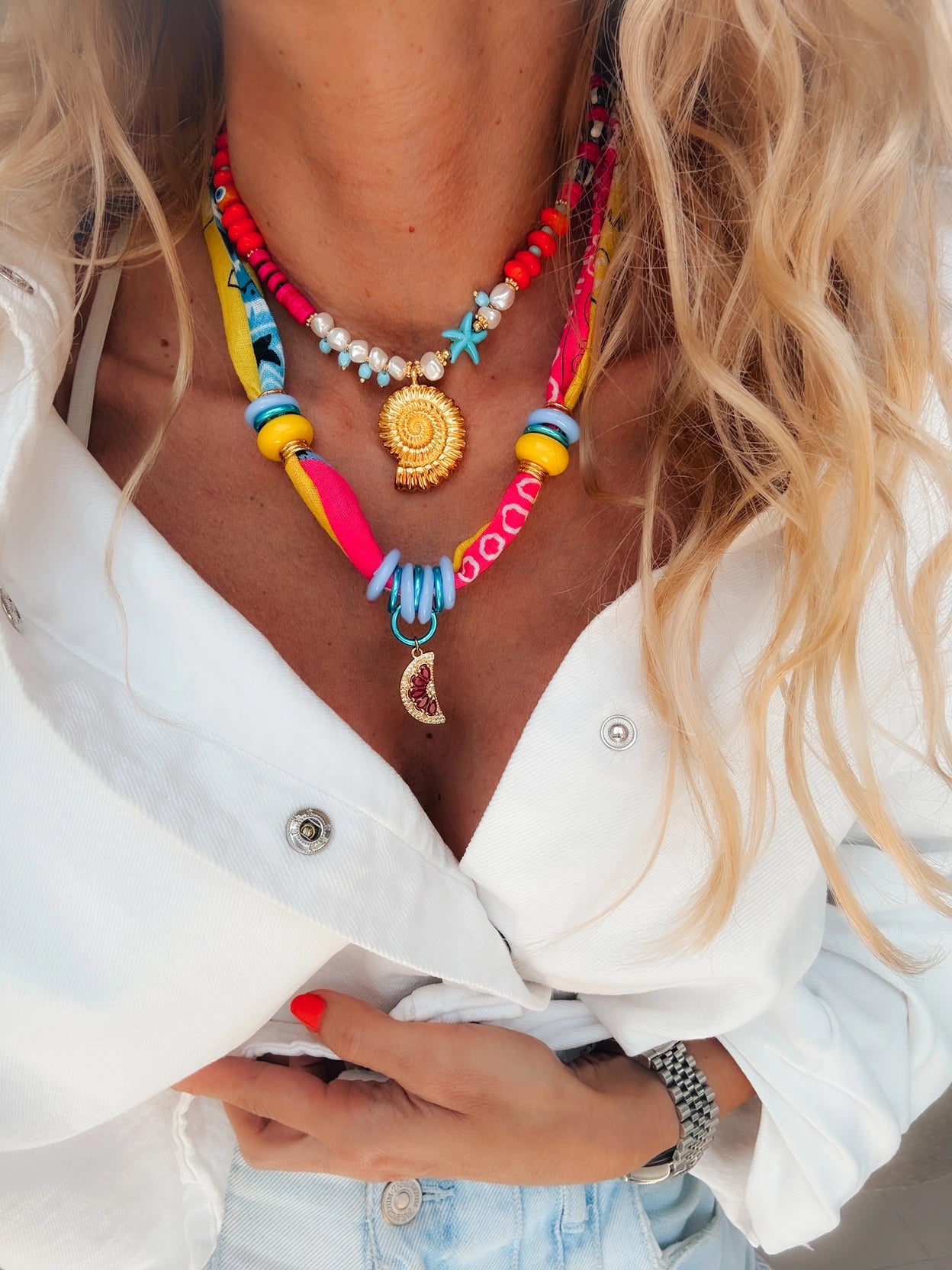 Neon Scarf Necklace & Beaded Shell Necklaces