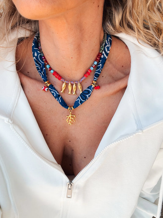 Bohemian Blue Bandana Scarf & Colorful Beaded Fish Necklaces