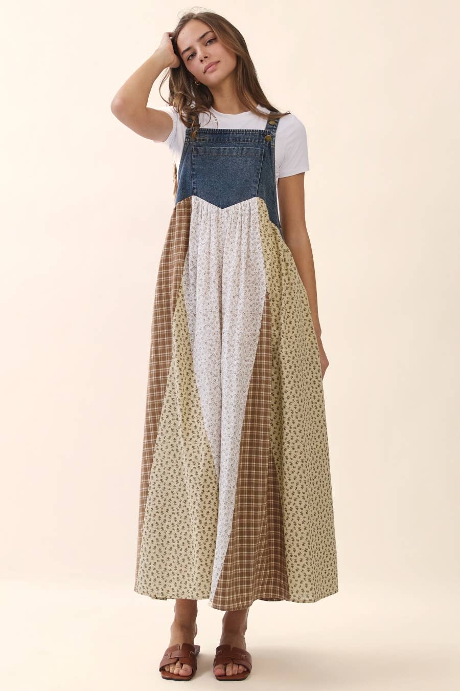 Hazel Mixed Floral And Gingham Patchwork Overall Dress