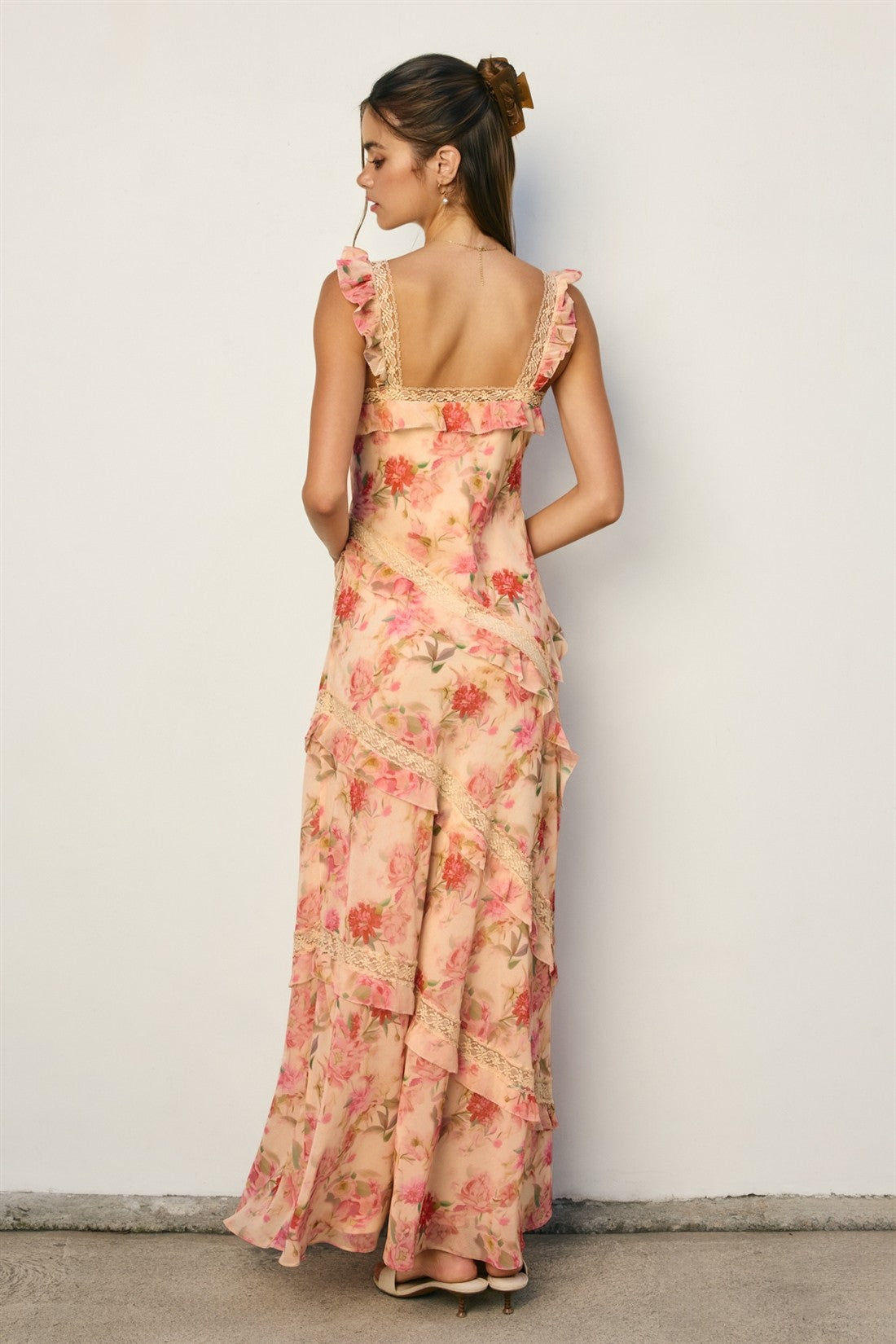 Pastel Promise Diagonal Lace And Ruffles Maxi Dress