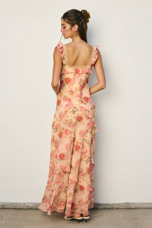 Pastel Promise Diagonal Lace And Ruffles Maxi Dress