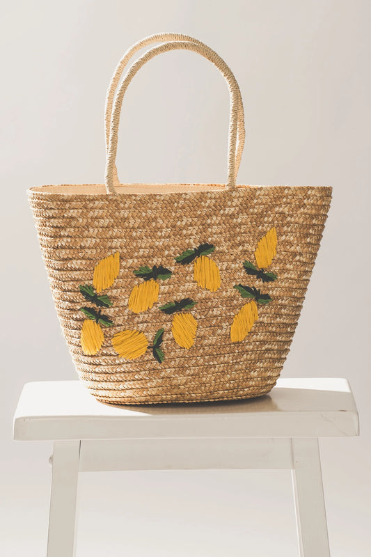 Tropical Lemon Embroidered Straw Tote