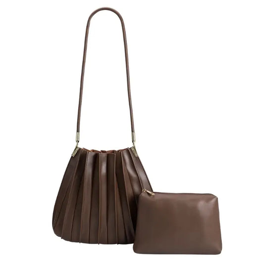 Carrie Pleated Vegan Shoulder Bag - Chocolate