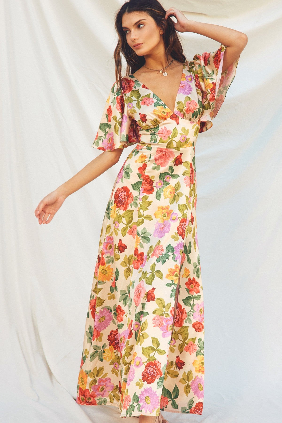Gift Of Love Flutter Sleeve Plunging Maxi Dress