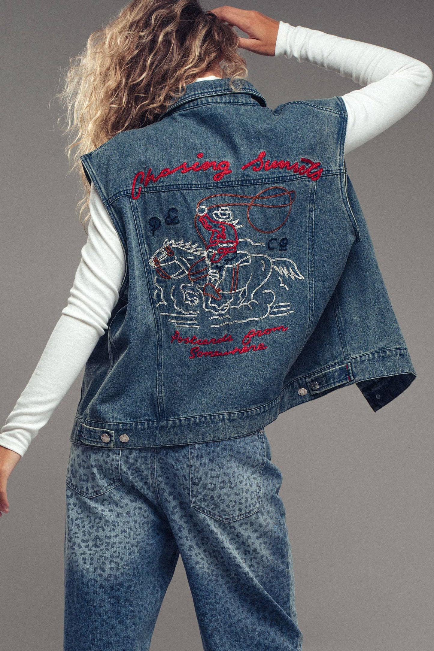 Western Sunset Embroidered Denim Vest