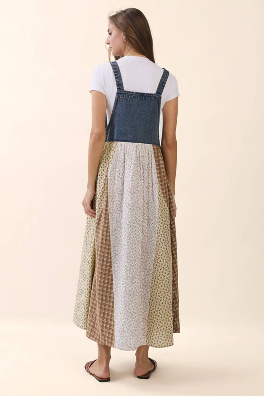 Hazel Mixed Floral And Gingham Patchwork Overall Dress