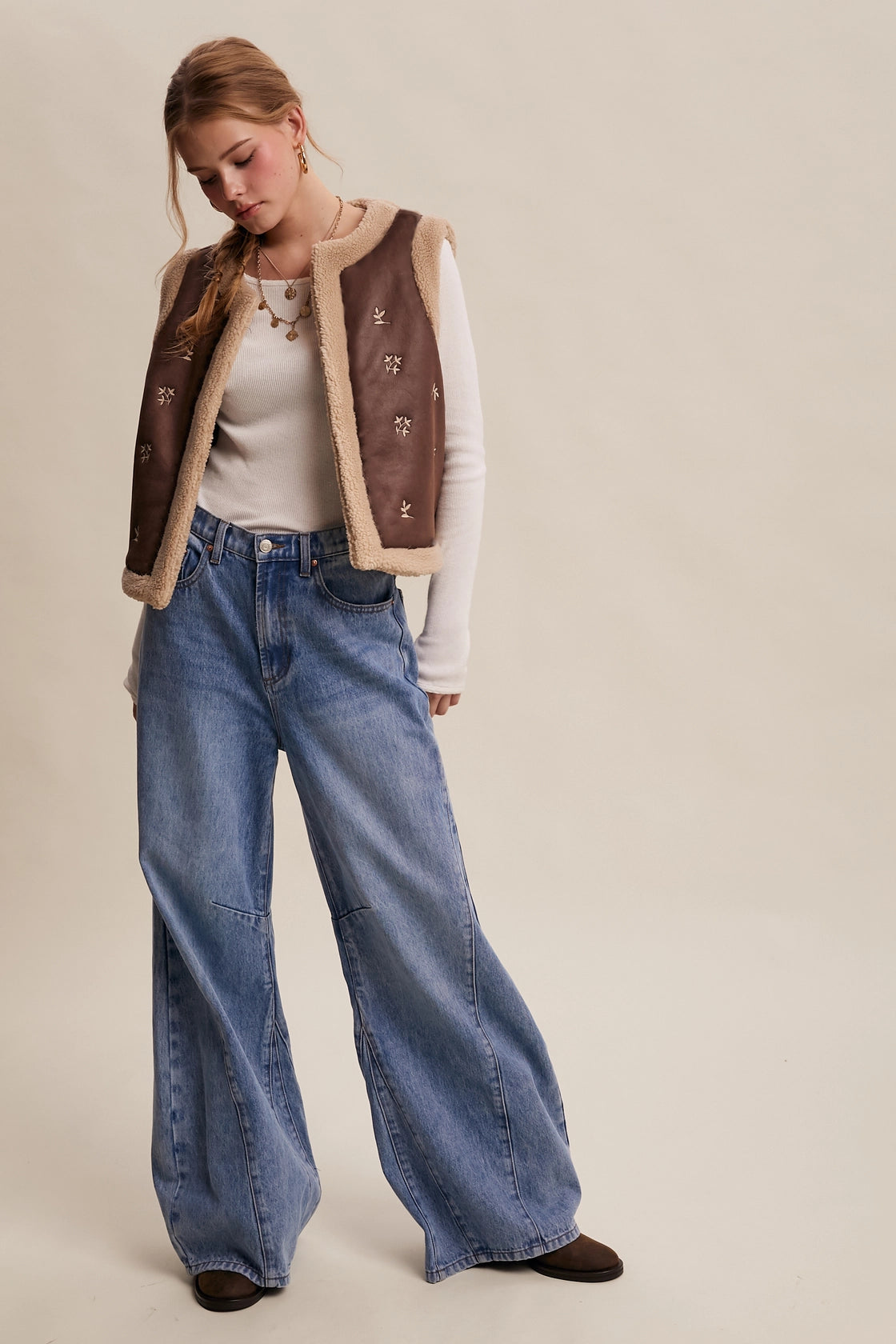 Nelson Embroidered Faux Suede Shearling Vest