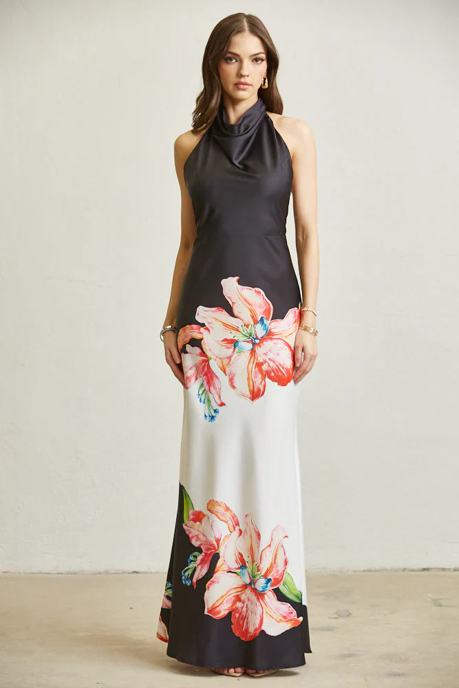 Blossom Cowl Neckline Satin Maxi Dress