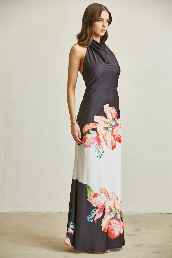 Blossom Cowl Neckline Satin Maxi Dress