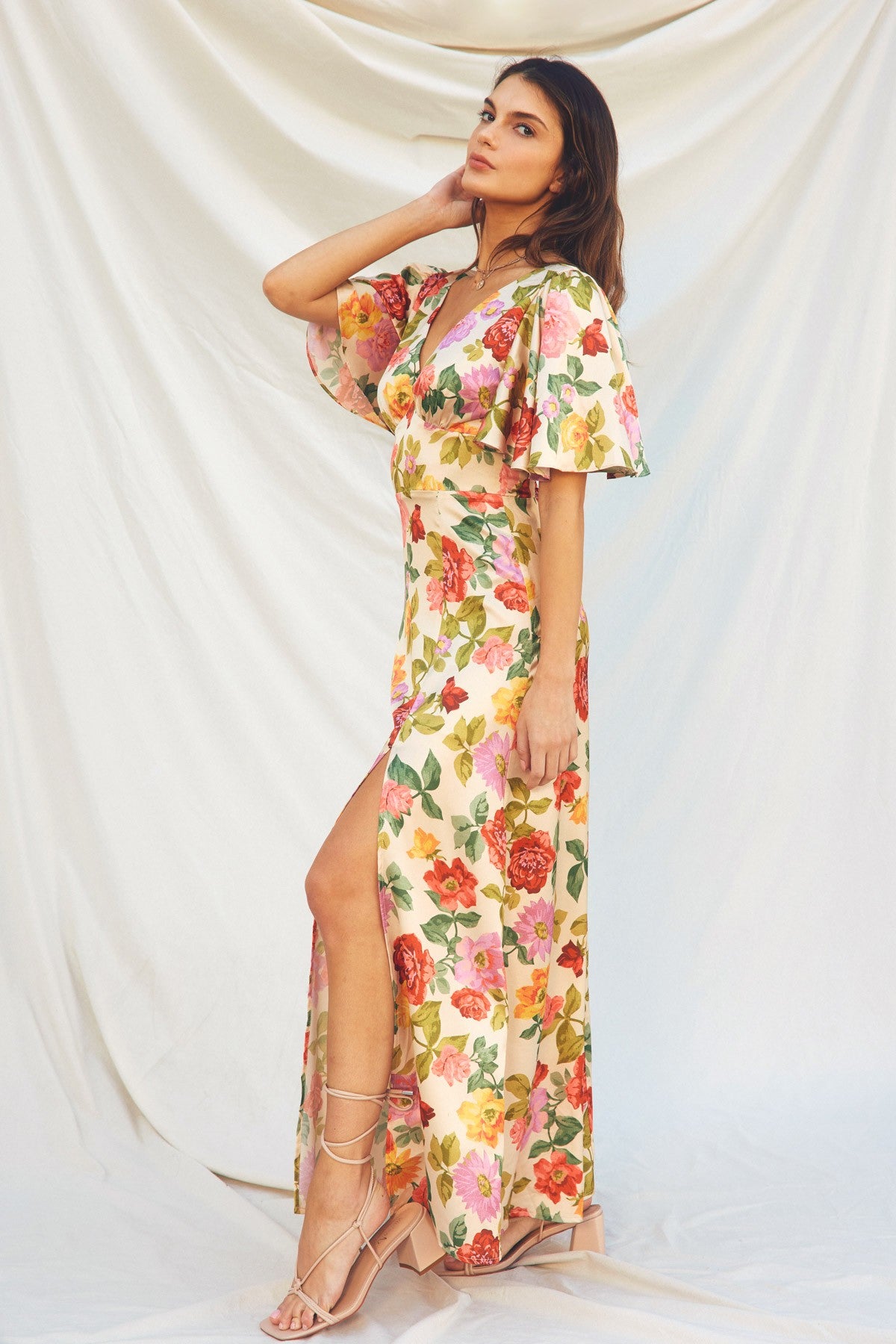 Gift Of Love Flutter Sleeve Plunging Maxi Dress