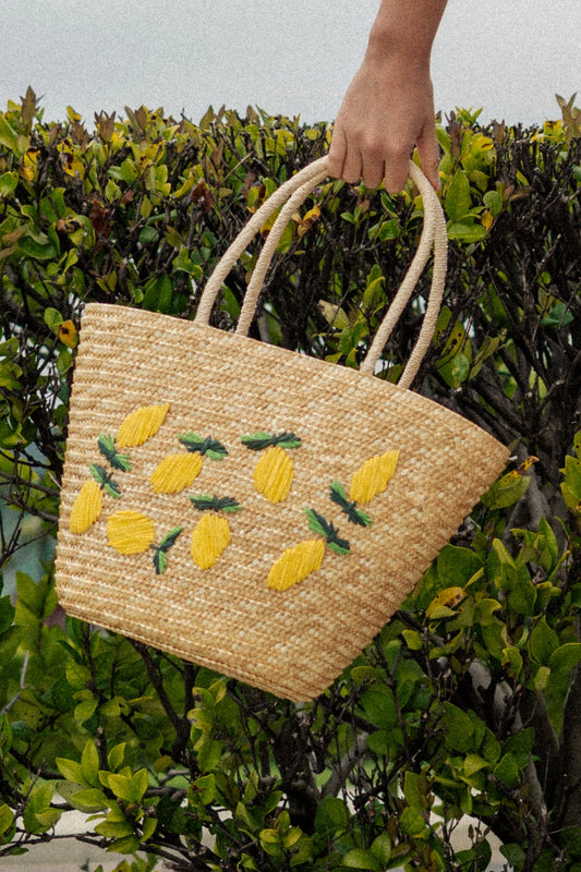 Tropical Lemon Embroidered Straw Tote