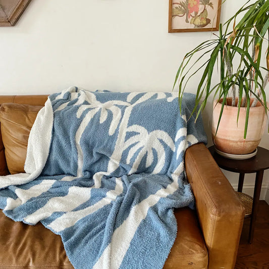 Dancing Palms Plush Throw - Chambray Blue