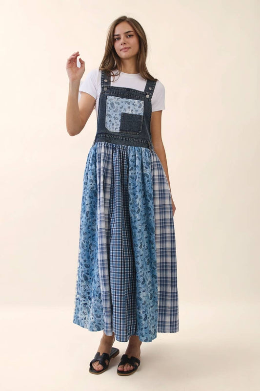 Sable Mixed Patchwork Overall Dress