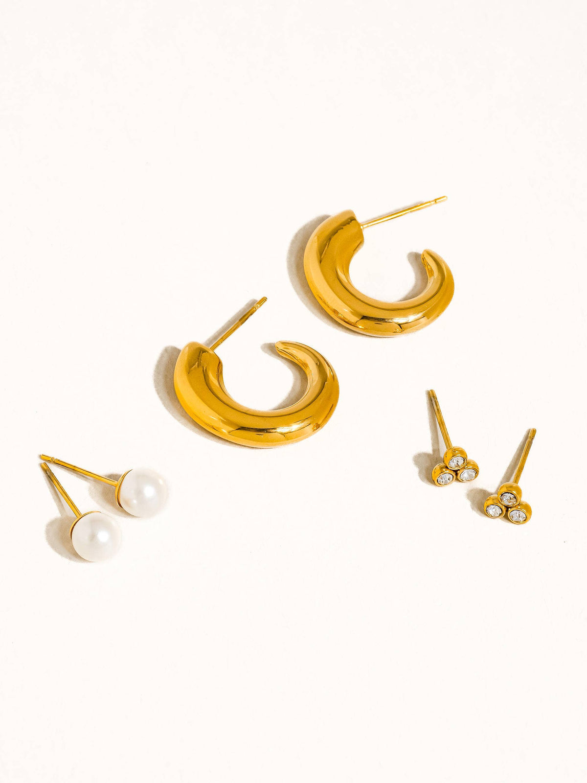Carine 18K Gold Non-Tarnish Hoops, Pearl, CZ Earring Set