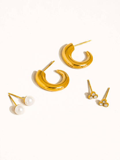 Carine 18K Gold Non-Tarnish Hoops, Pearl, CZ Earring Set