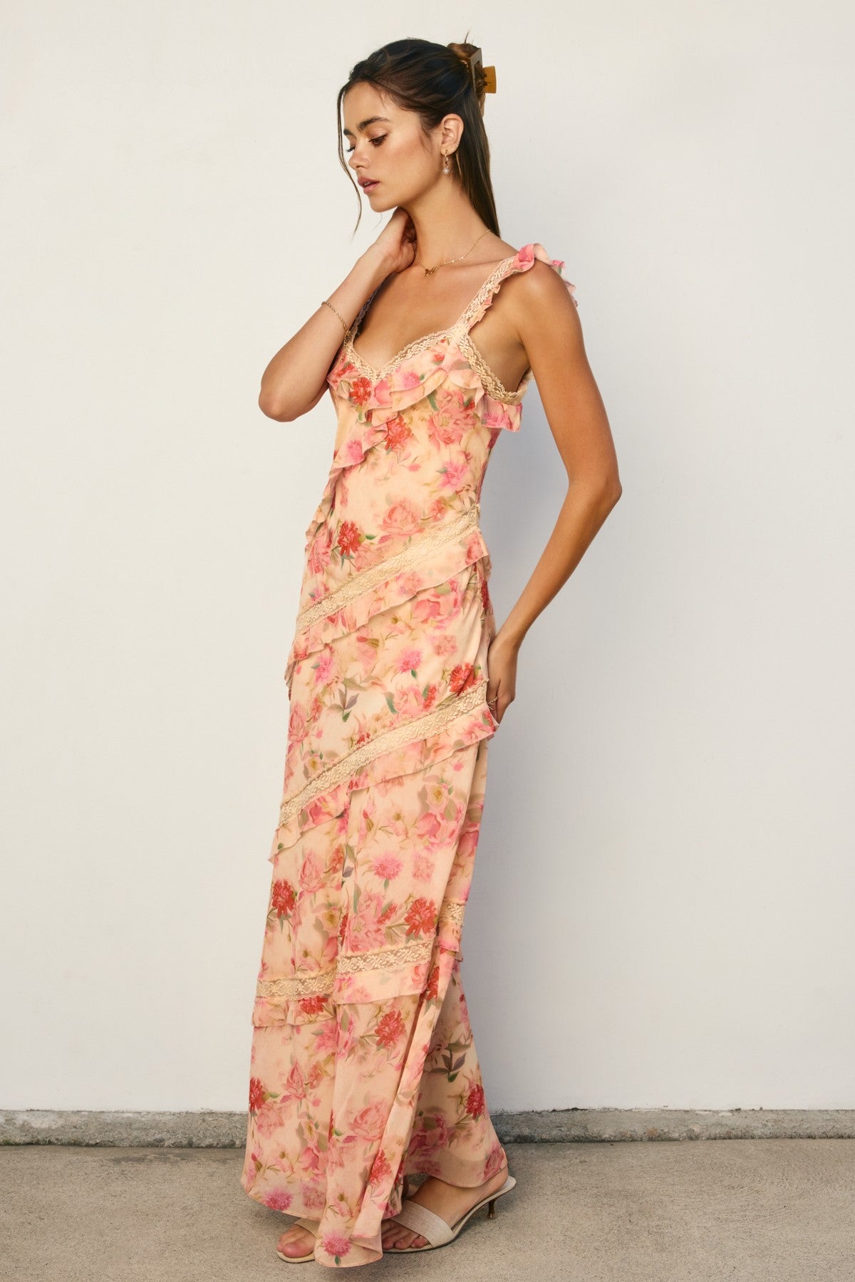 Pastel Promise Diagonal Lace And Ruffles Maxi Dress