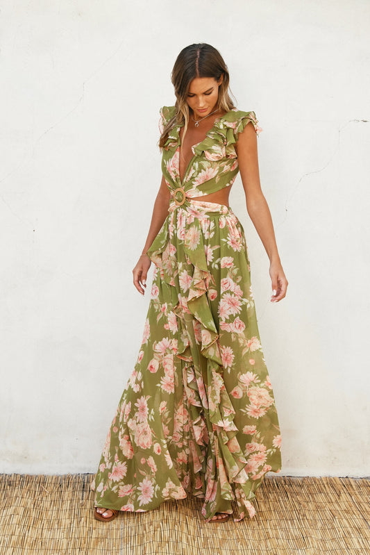 Dream Girl Cutout Frilly Maxi Dress