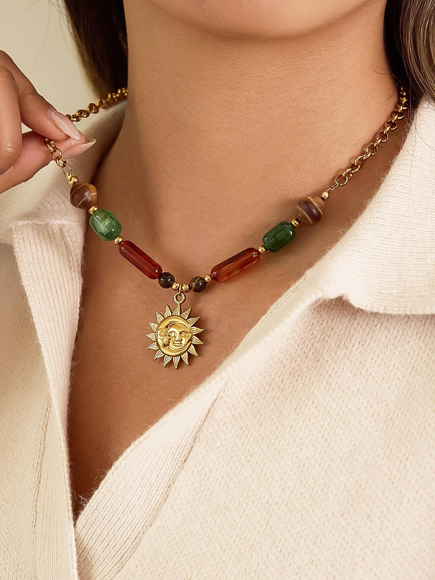 Brisa 18K Gold Non-Tarnish Beaded Sun Pendant Necklace