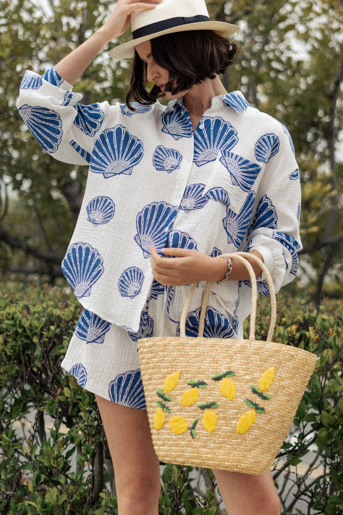 Tropical Lemon Embroidered Straw Tote