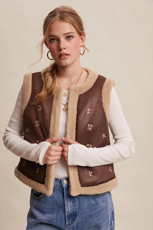Nelson Embroidered Faux Suede Shearling Vest
